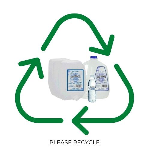 Green recycling symbol with Distillata water bottles inside.