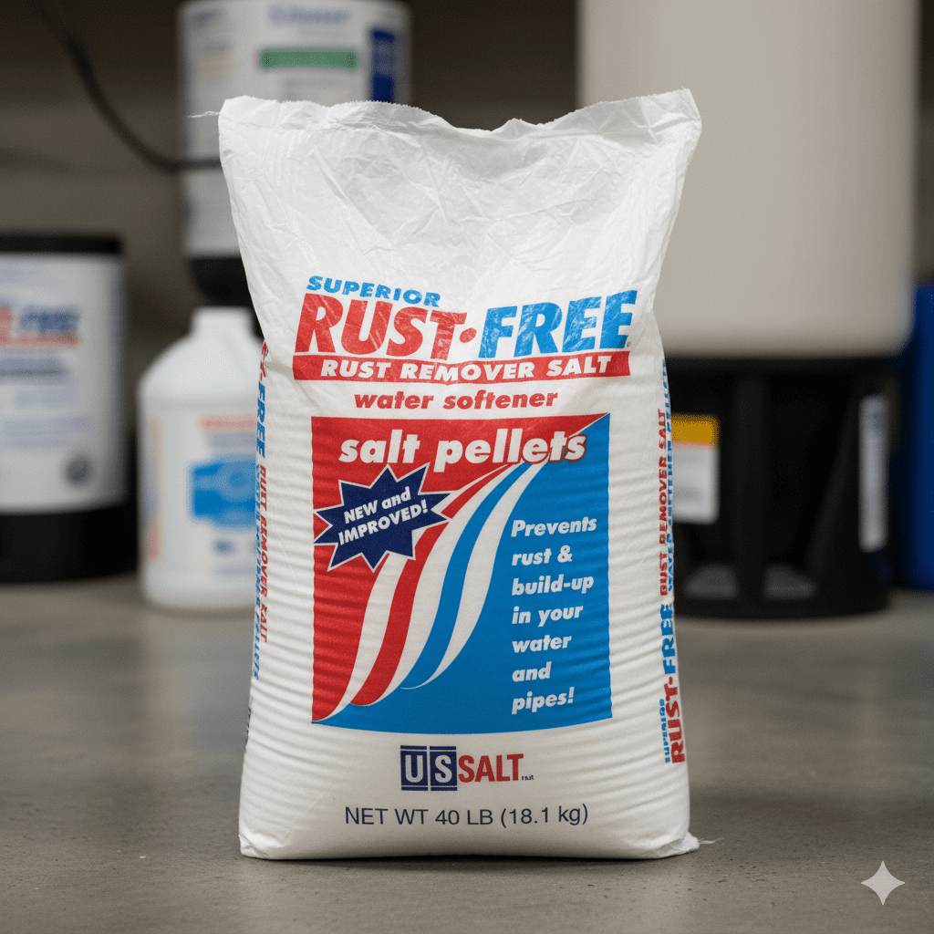 A 40 lb bag of US Salt's "Rust-Free" water softener salt pellets stands on a concrete floor.