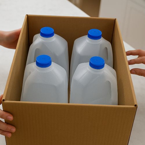 A cardboard box containing four one-gallon water jugs with blue caps on a kitchen counter.