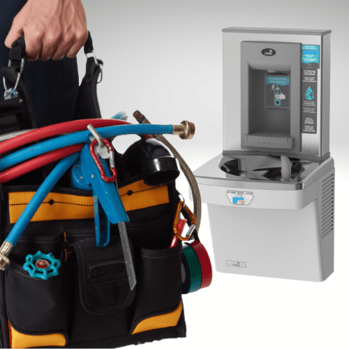 water bA person's arm and hand carrying a black and yellow tool bag filled with various tools, including colorful hoses, stands next to a gray and silver water bottle filling station.ottle fill station repair