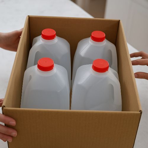 A cardboard box holding four one-gallon water jugs with red caps on a countertop.